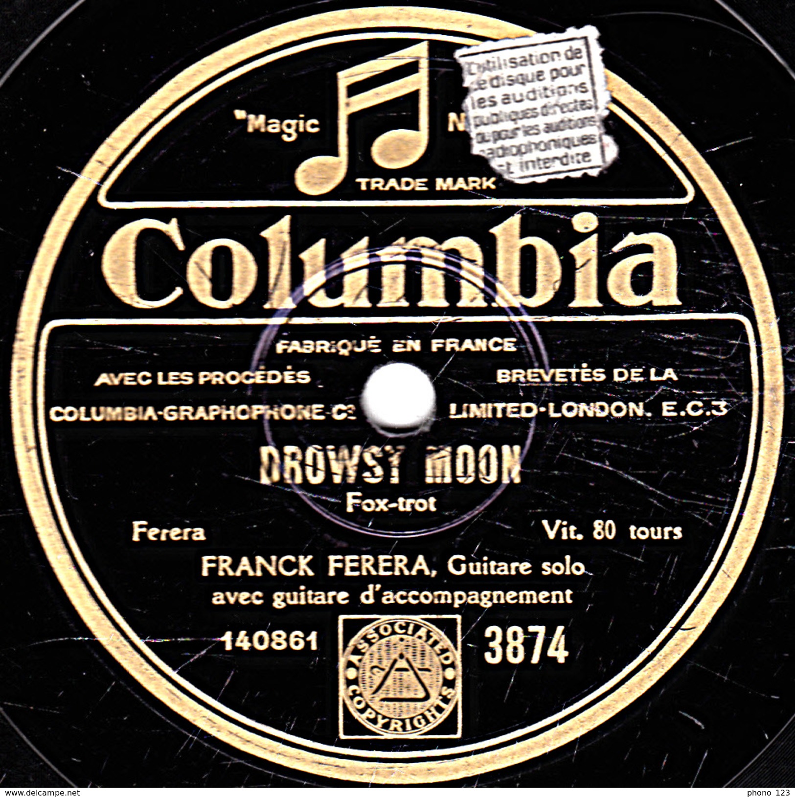 78 T. 25 Cm - état B -  FRANCK FERERA Guitare - DROWSY MOON - MY HAWAIIAN EVENIN'STAR - 78 T - Disques Pour Gramophone