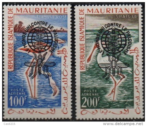 Mauritanie Mauritania 1962 Birds Pink Flamingo Spatula  S/C Eradication Malaria, 2 Val MNH - Flamingos