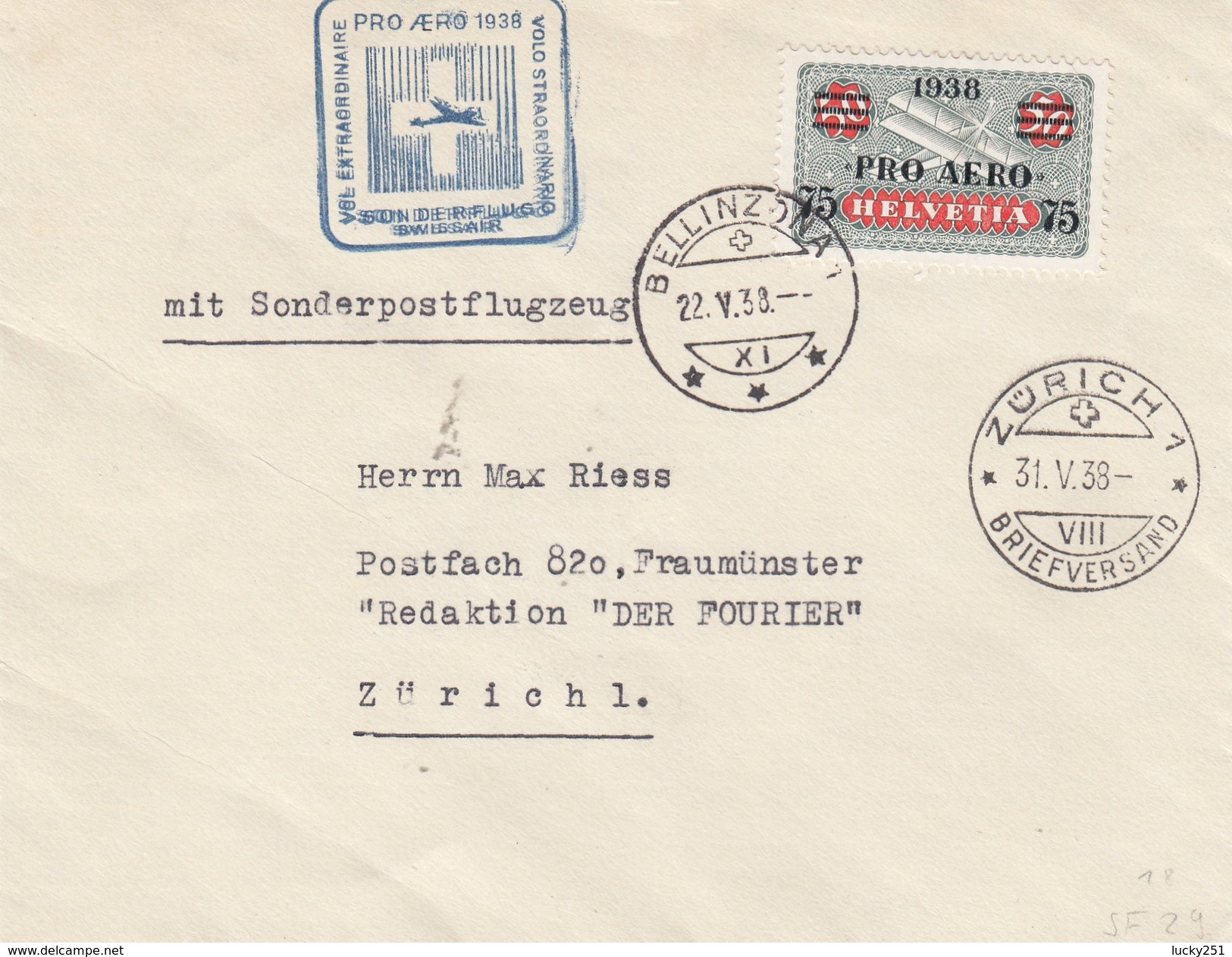 Suisse - Lettre/Timbre 9a Surchargé - 22/05/1938 - YT PA 26 - Premiers Vols