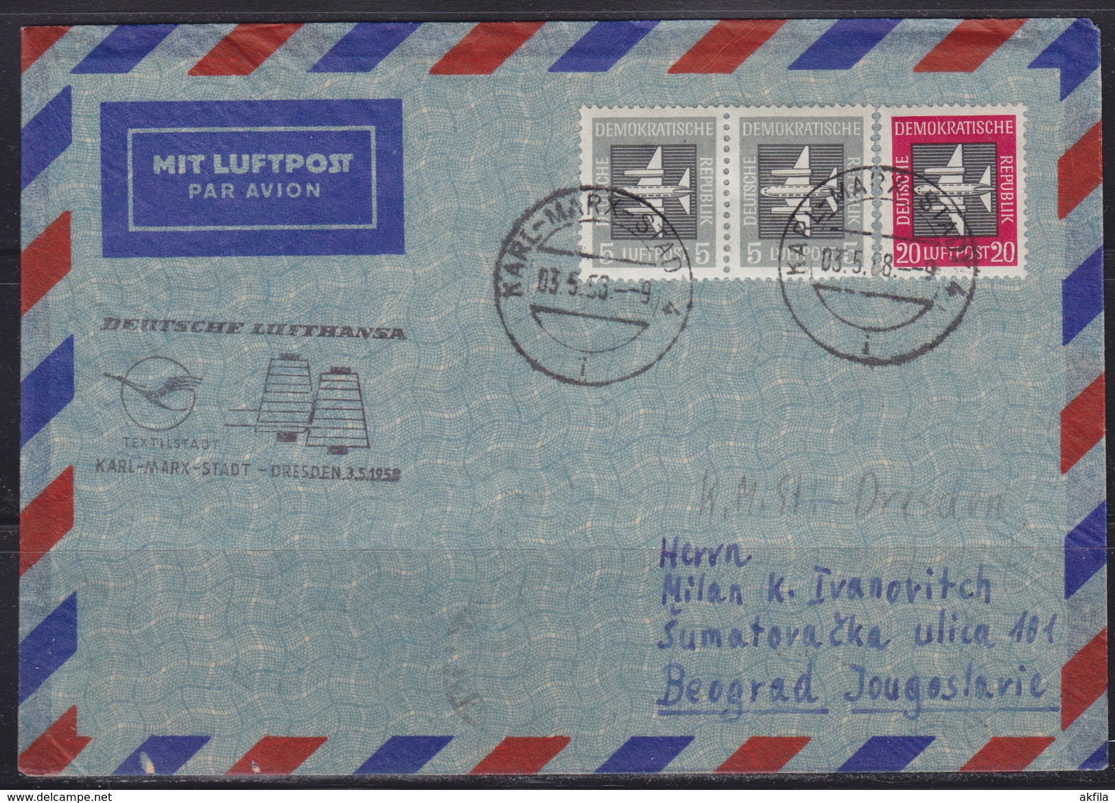 DDR East Germany 3.V.1958 "Lufthansa" Airmail Letter Sent From Karl-Marx-Stadt-Dresden To Beograd (Yugoslavie) - Briefe U. Dokumente