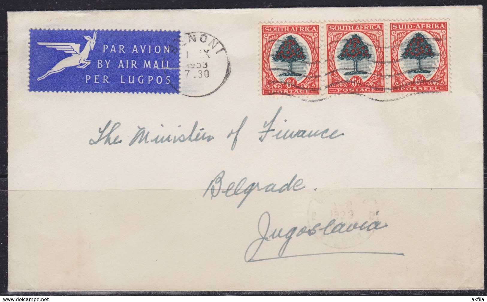 Union Of South Africa 1.IX.1953 Airmail Letter Sent From Benoni To Beograd (Yugoslavie) - Poste Aérienne