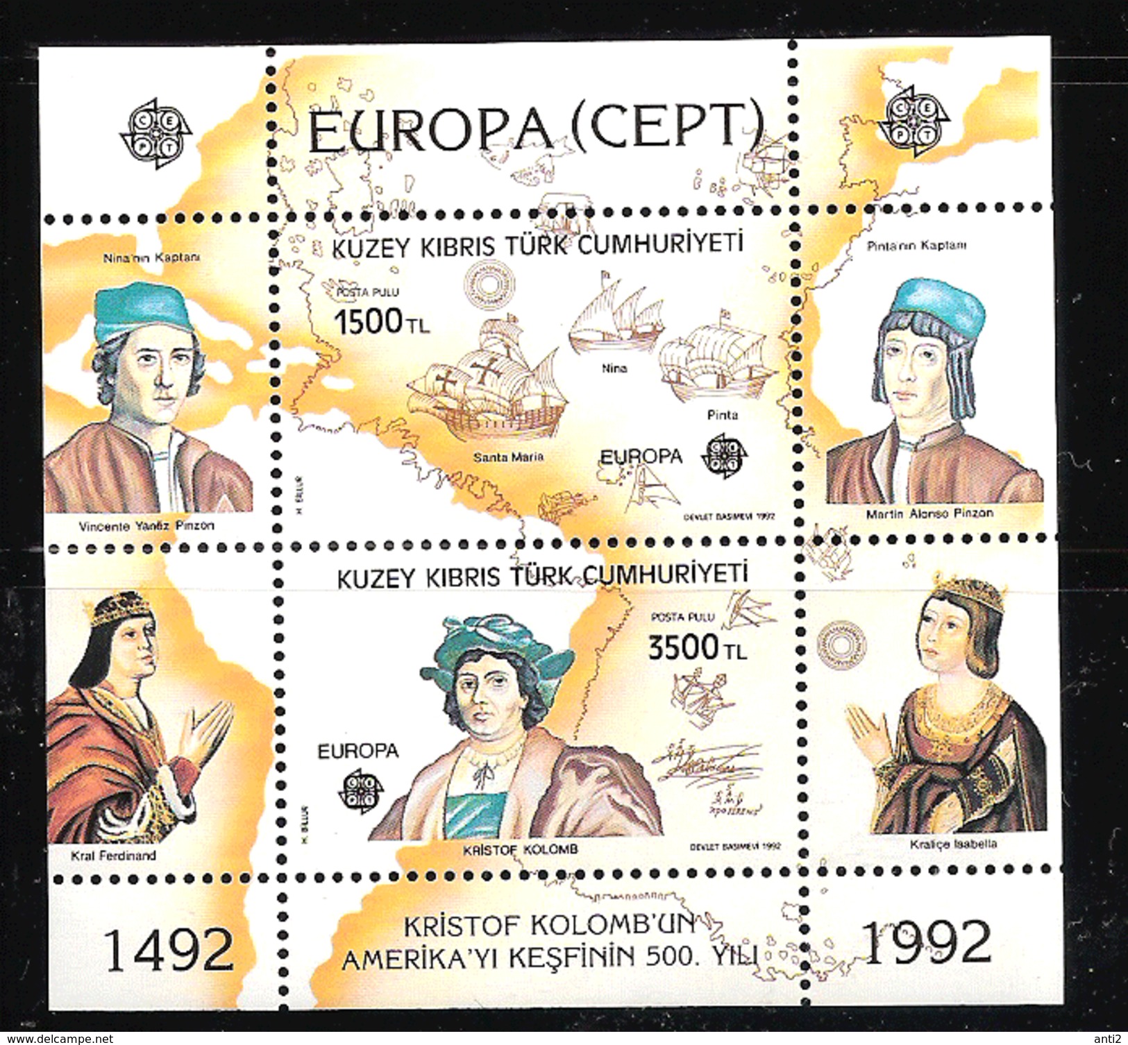 Turkey Cyprus 1992 Europa:500th Anniversary Of The Discovery Of America Mi Bloc 10, MNH(**) - Ungebraucht