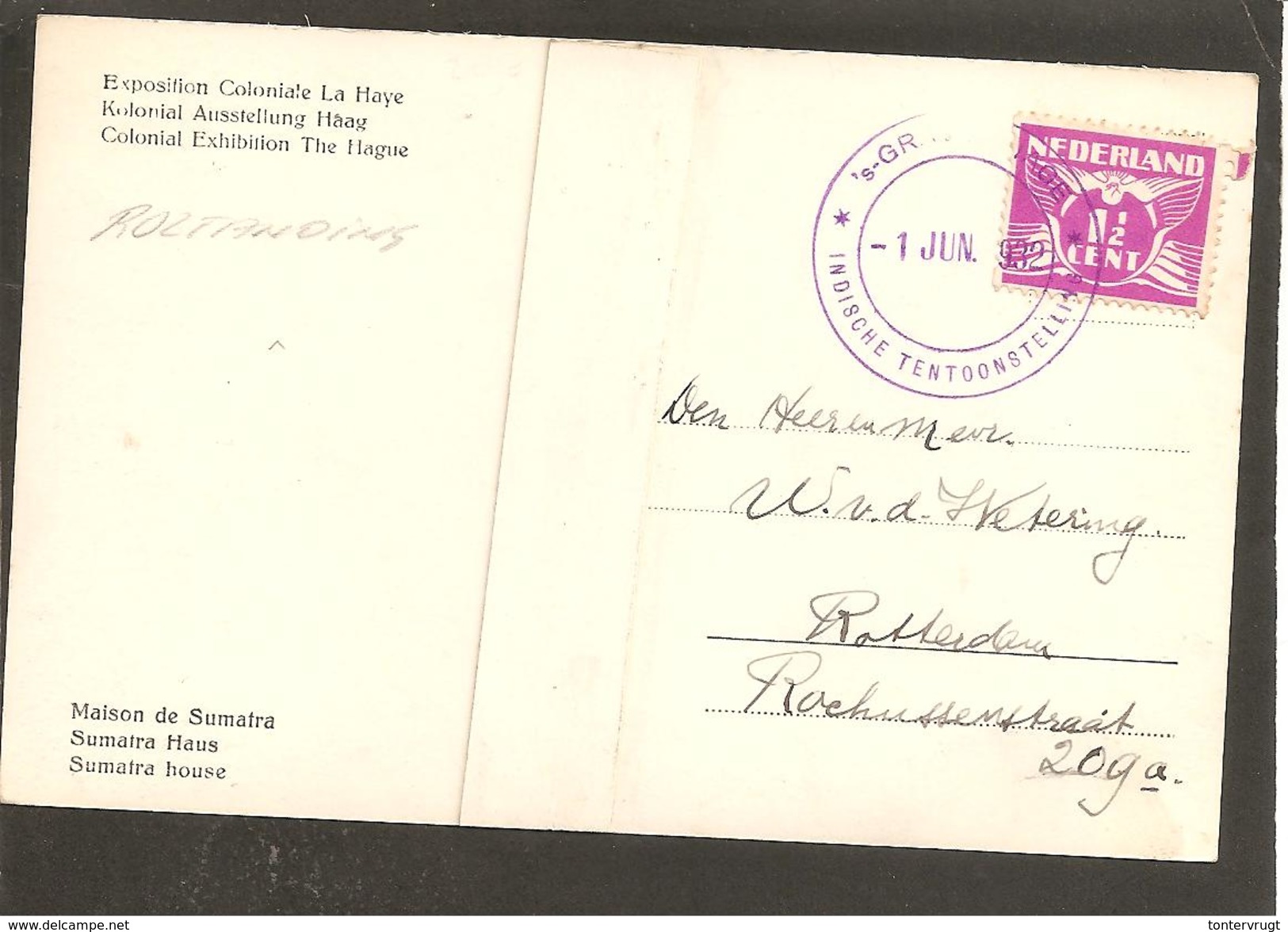 Roltanding 59 Op Kaart Den Haag Indische Tentoonstelling Sumtra Huis 1932 - Briefe U. Dokumente