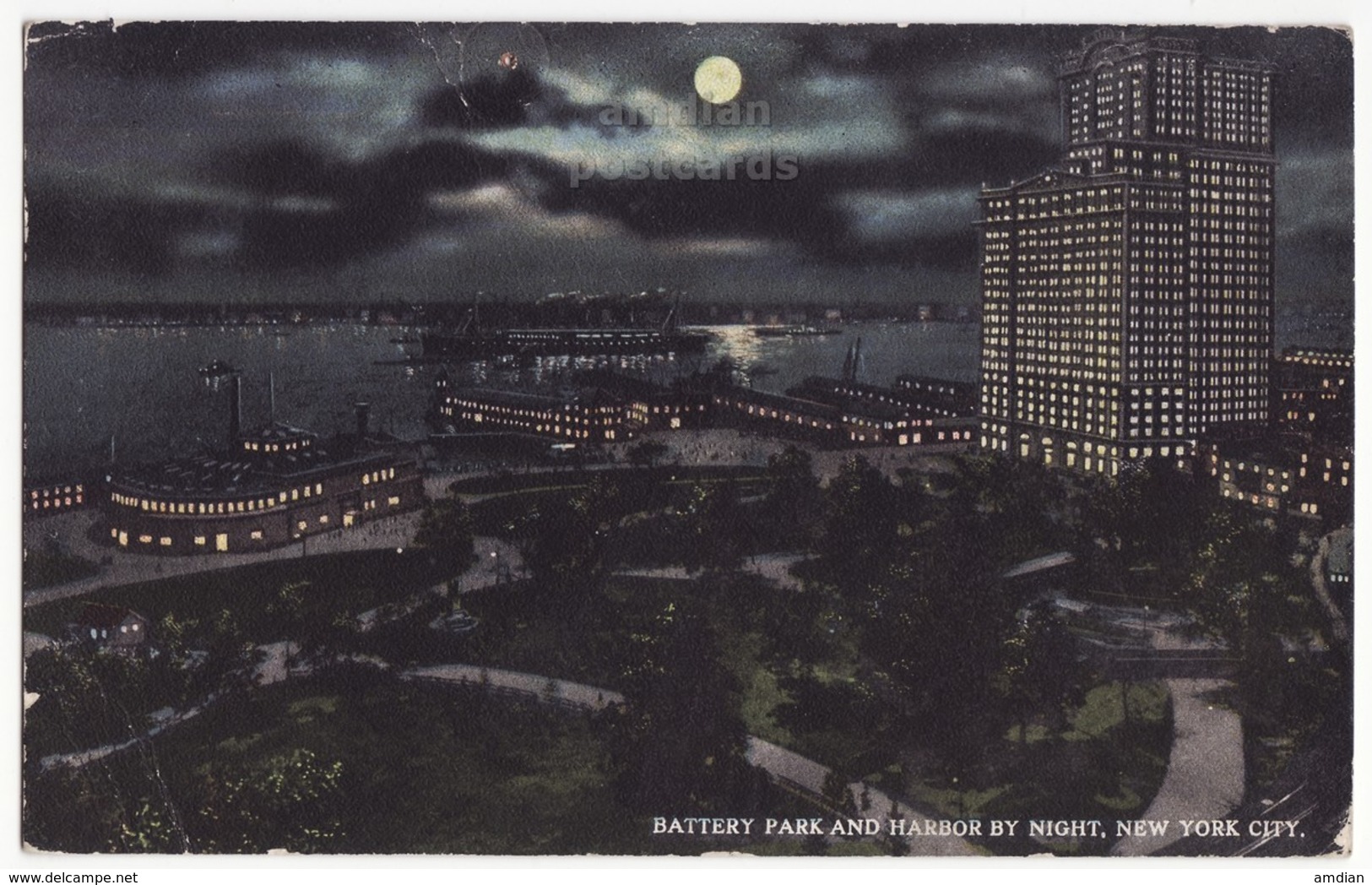 New York City NY, Battery Park And Harbor Night View C1910 Vintage Postcard - Hudson River