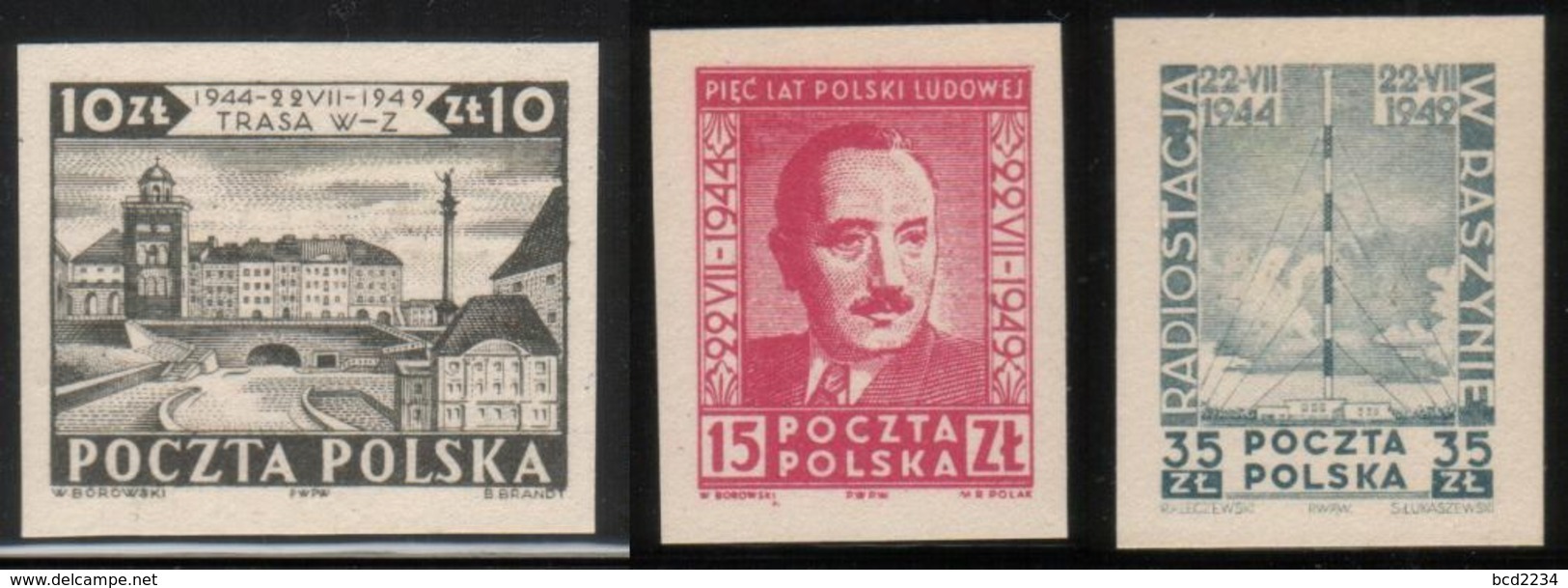 POLAND 1949 JULY MANIFESTO COMMUNISM SET OF 3 COLOUR PROOFS NHM Radio Mast Bierut President Warsaw Monuments Bridges - Essais & Réimpressions