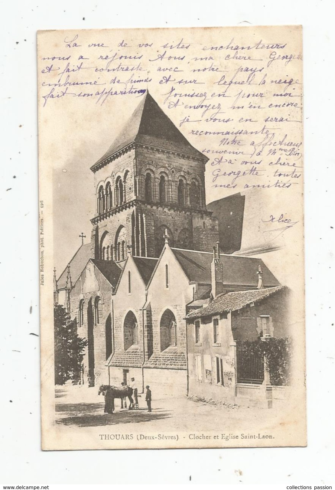 Cp , 79 , THOUARS , Cheval , Clocher Et église SAINT LAON , Dos Simple , Voyagée 1902 - Thouars