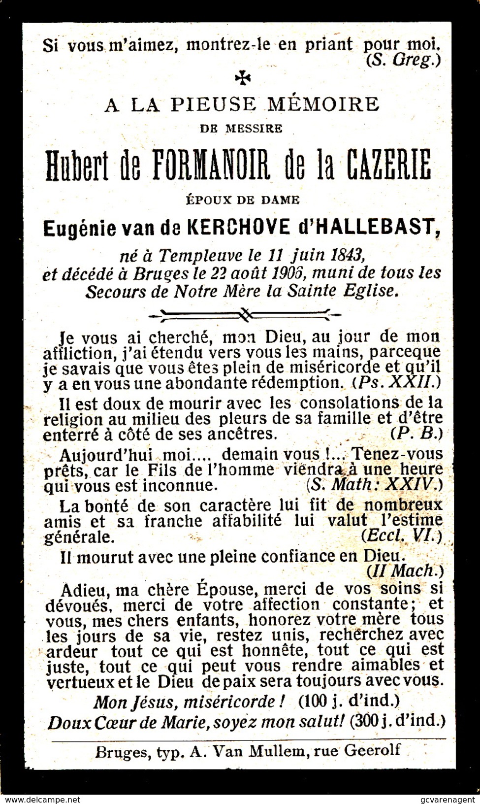 DOODSPRENTJE :: ADEL NOBLESSE =      HUBERT DE FORMANOIR DE LA CAZERIE    -  TEMPLEUVE 1843 - BRUGGE 1903 - Obituary Notices
