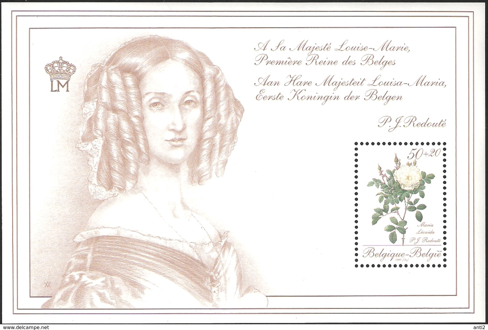 Belgium 1990 Roses, Maria Léonida Mi Bloc 60 MNH(**) - Ungebraucht