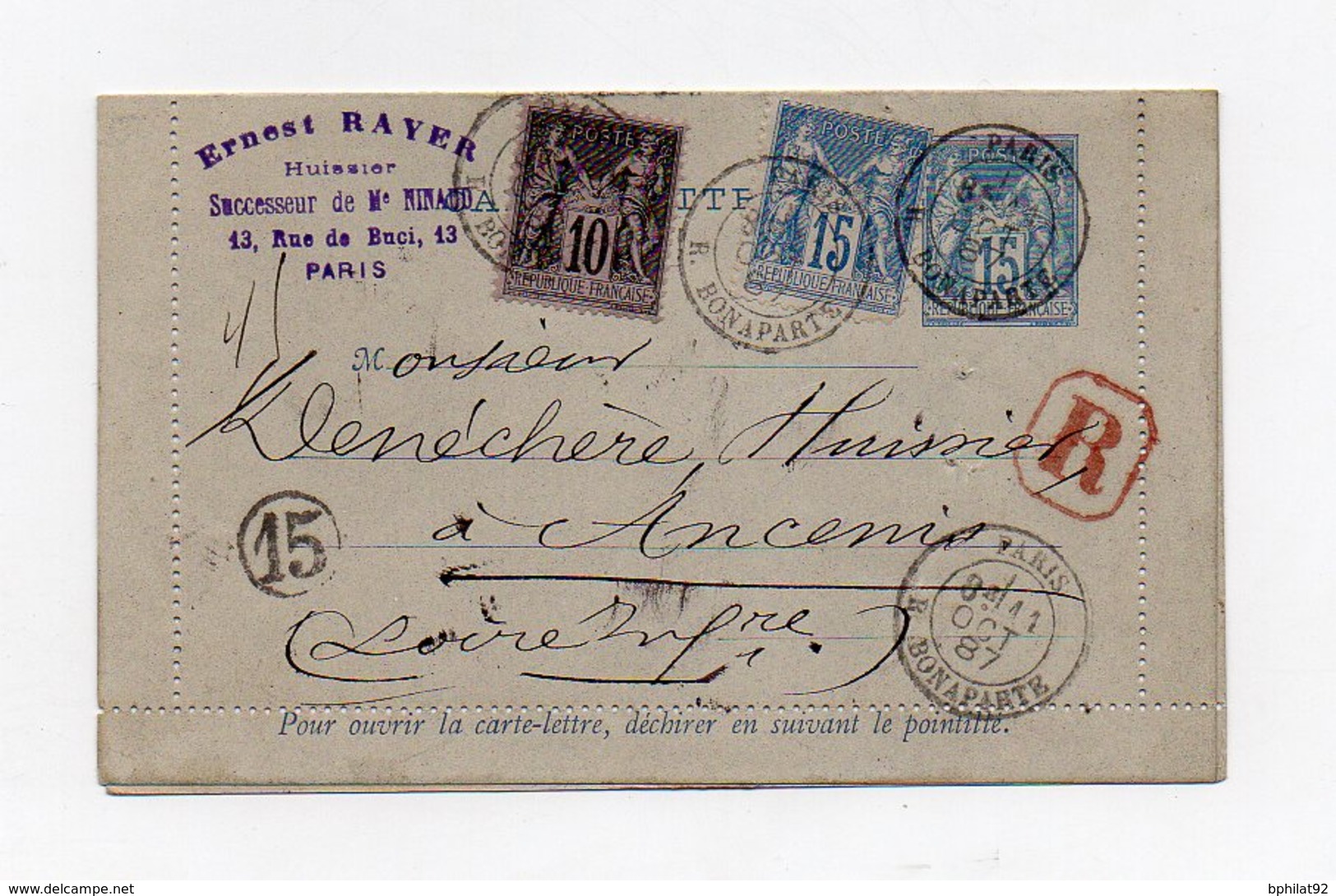 !!! ENTIER POSTAL 15C SAGE + CMPLTS AU TYPE SAGE RECOMMANDE DE 1887 - Kartenbriefe