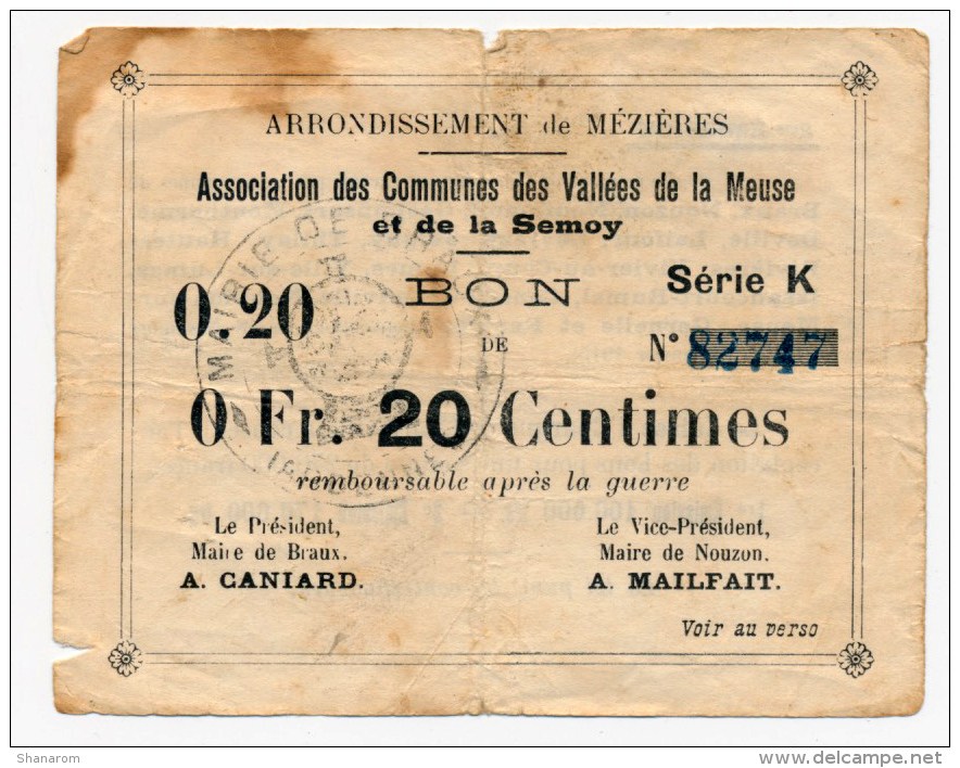 1914 - 1918 // ARRONDISSEMENT De MEZIERES / 1914 //  Bon De 20 Cts - Bonds & Basic Needs