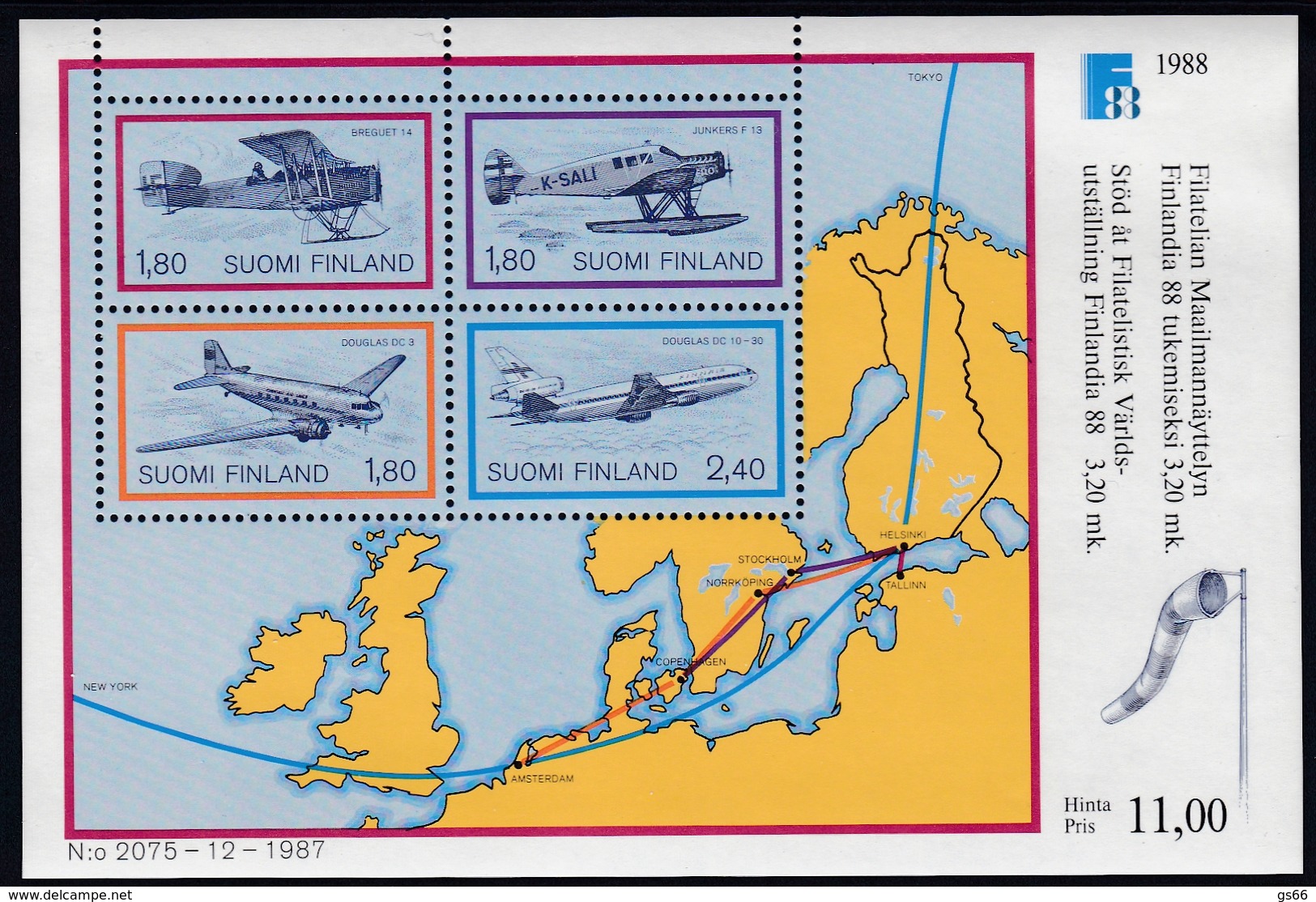 1988, Finnland,  1053/56 Block 4, Int. Briefmarkenausstellung FINLANDIA &rsquo;88, Helsinki (III): Flugpost. MNH ** - Blocks & Sheetlets