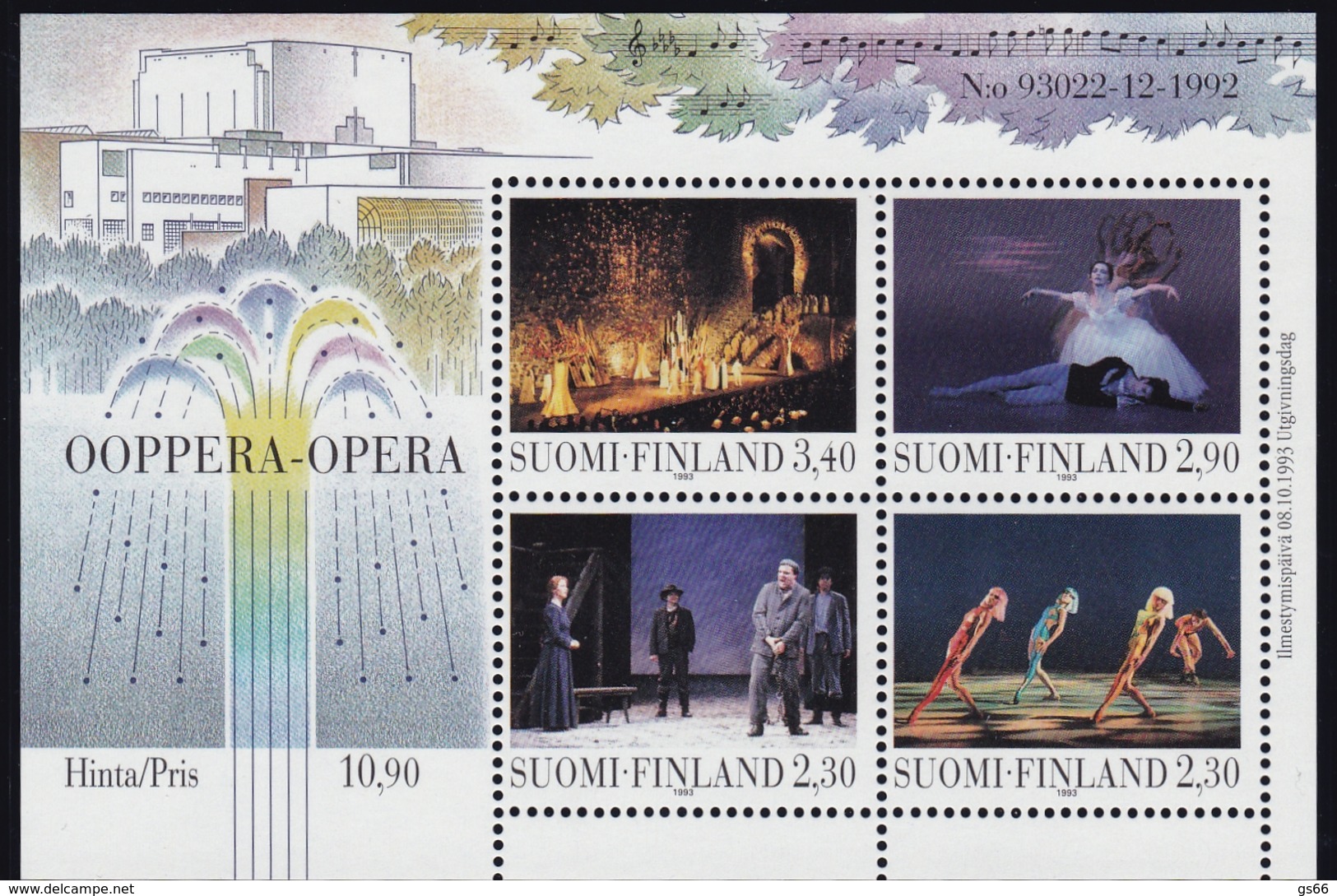 1993 Finnland,  1229/32 Block 10, Opernhaus Helsinki. MNH ** - Blocks & Sheetlets