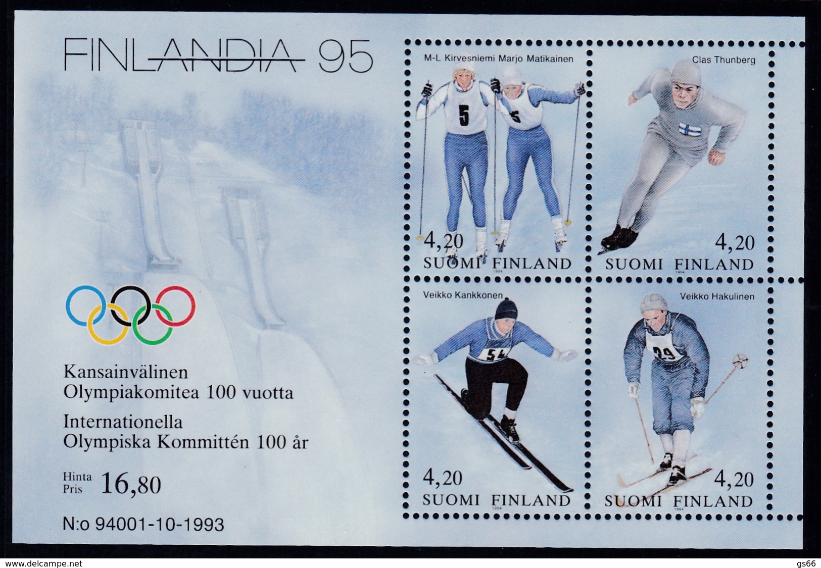 1994 Finnland, 1236/39 Block 11, Briefmarkenausstellung FINLANDIA &rsquo;95, Helsinki; 100 J. IOC, Olympia-Sieger, MNH * - Blocks & Sheetlets