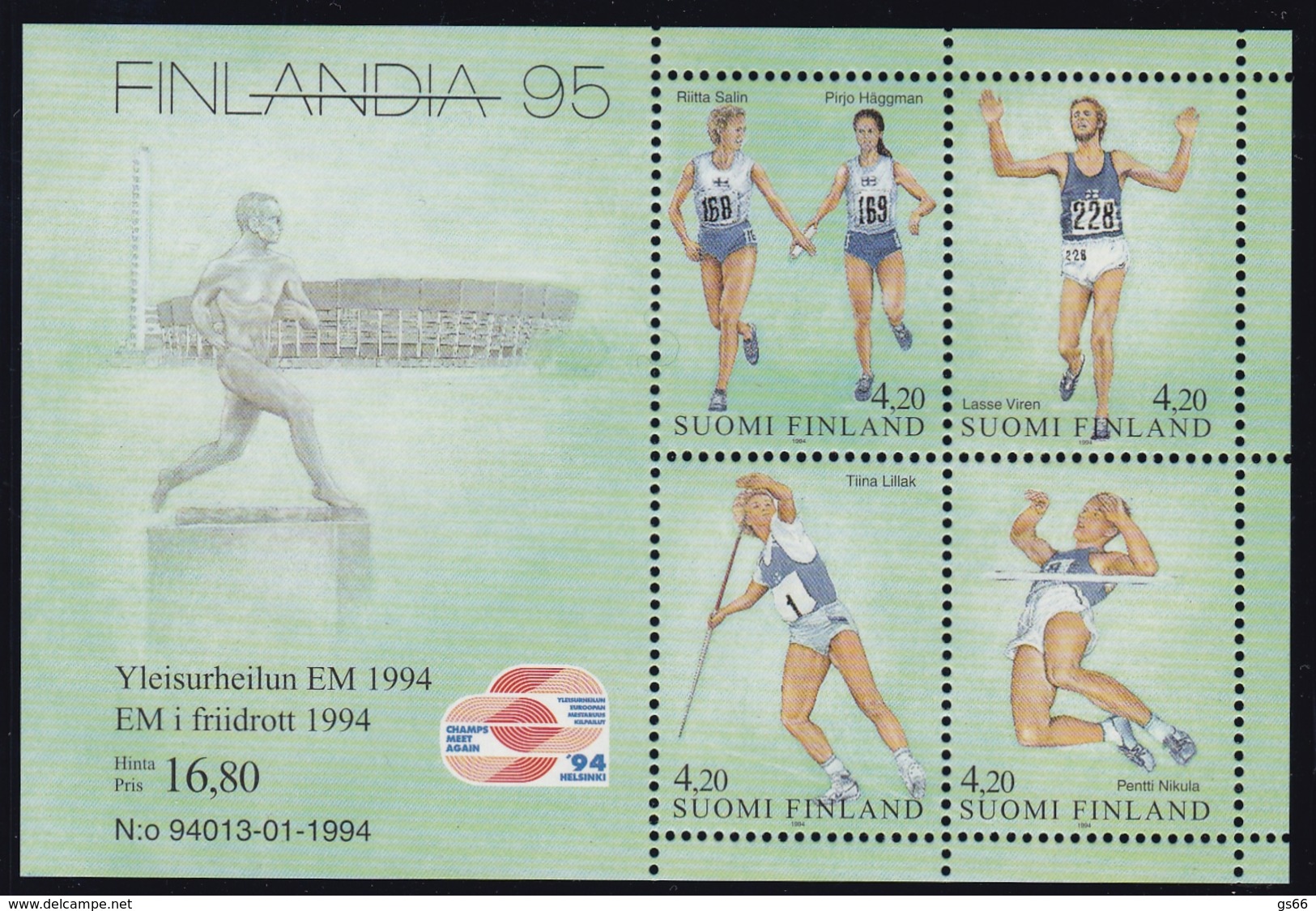 1994 Finnland, 1251/54 Block 12, Briefmarkenausstellung FINLANDIA &rsquo;95, Helsinki; Leichtathletik-EM, MNH * - Blocks & Kleinbögen