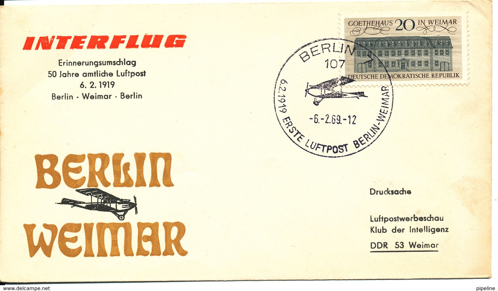 Germany DDR First 50th Anniversary Air Mail Interflug Flight Berlin - Weimar 6-2-1969 - Lettres & Documents