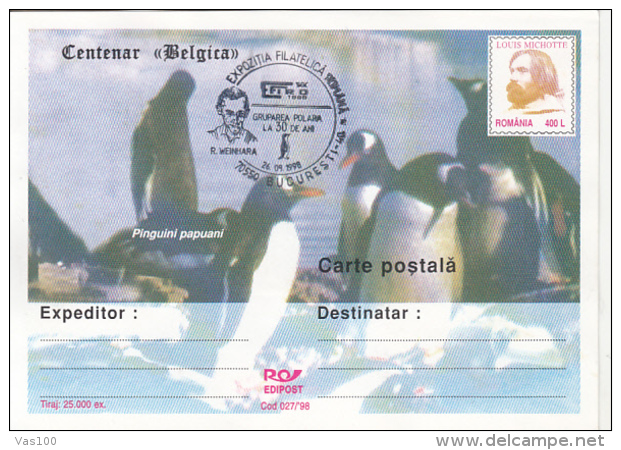 ANTARCTIC EXPEDITION, BELGICA SHIP, PENGUINS, L. MICHOTTE, PC STATIONERY, ENTIER POSTAL, 1998, ROMANIA - Antarctische Expedities