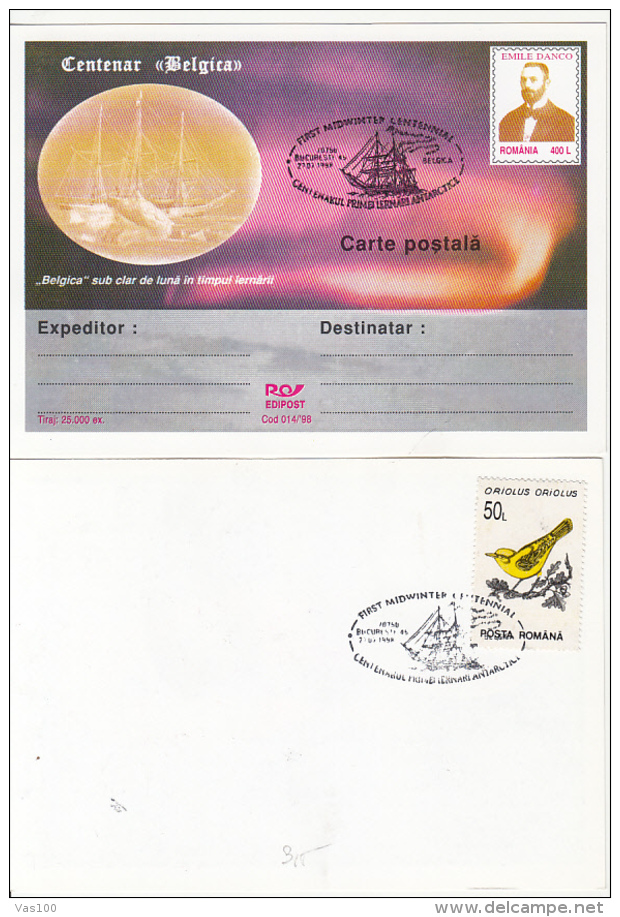 ANTARCTIC EXPEDITION, BELGICA SHIP, EMILE DANCO, PC STATIONERY, ENTIER POSTAL, 1998, ROMANIA - Antarctische Expedities