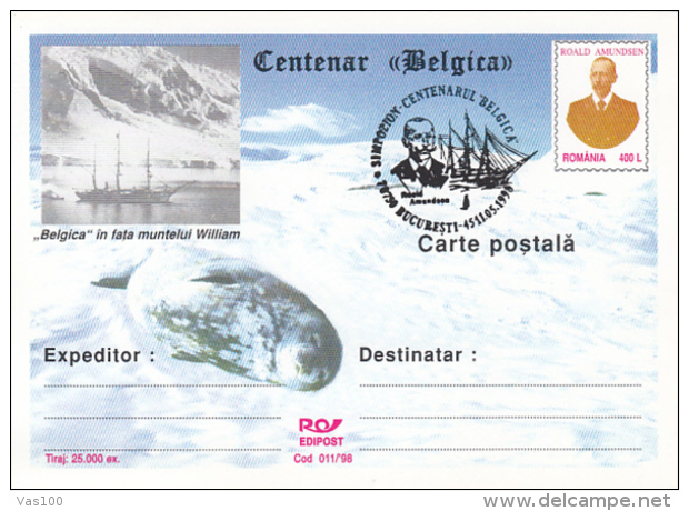 ANTARCTIC EXPEDITION, BELGICA SHIP, SEAL, ROALD AMUNDSEN, PC STATIONERY, ENTIER POSTAL, 1998, ROMANIA - Antarctische Expedities