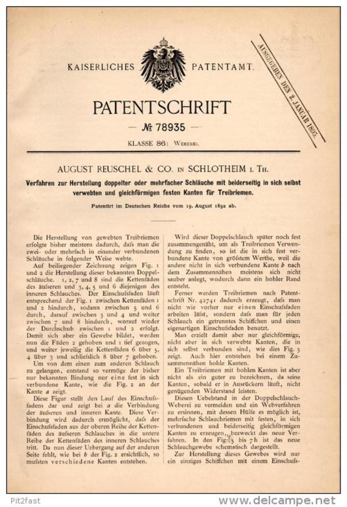 Original Patentschrift - A. Reuschel & Co In Schlotheim I. Th., 1892 , Herstellung Doppelter Schläuche , Weberei , Weber - Sonstige & Ohne Zuordnung