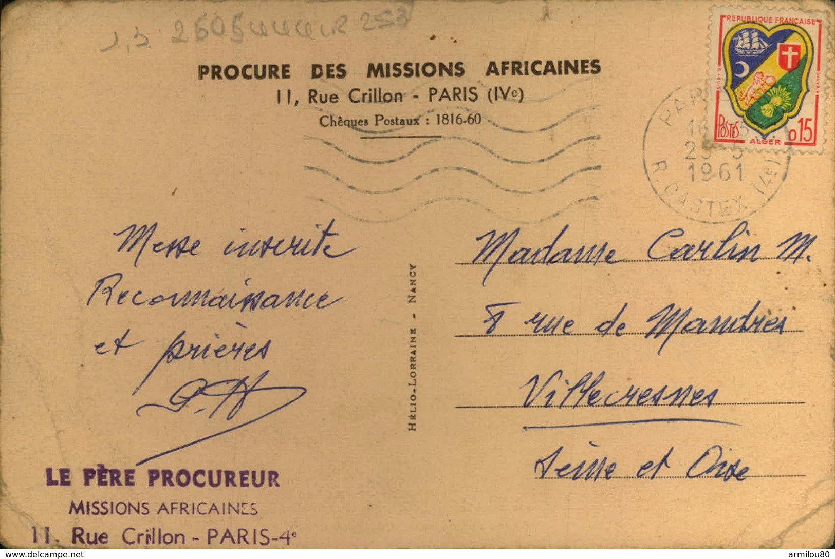 N°2605 QQQ LR 253 I  MISSIONS AFRICAINES BELLES FRIMOUSSES  PERE PROCUREUR RUE CRILLON PARIS  CARTE ABIMEE - Andere & Zonder Classificatie