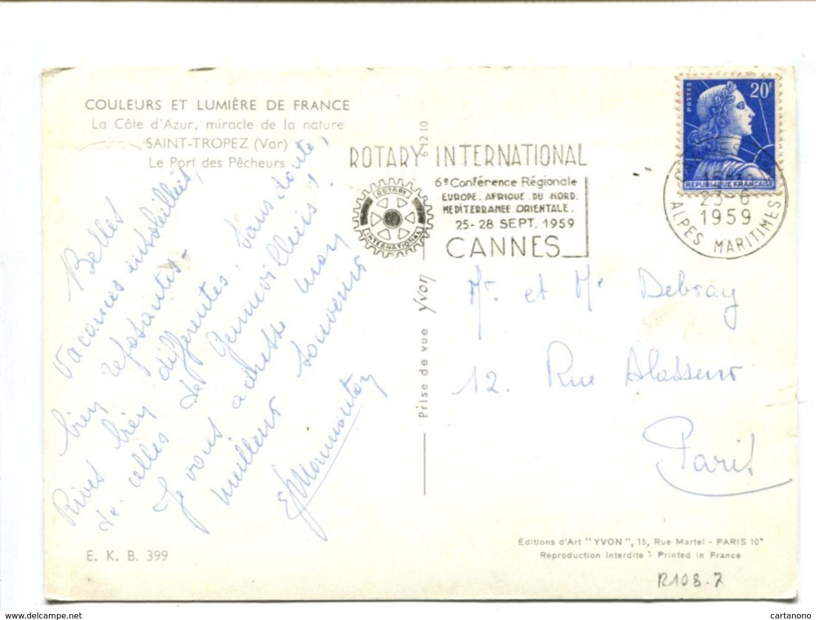 20fr Muller Sur Cp Obl. Méca. Cannes ROTARY INTERNATIONAL 6e Conférence Régionale 25 28 Sept 1959 - Rotary Club