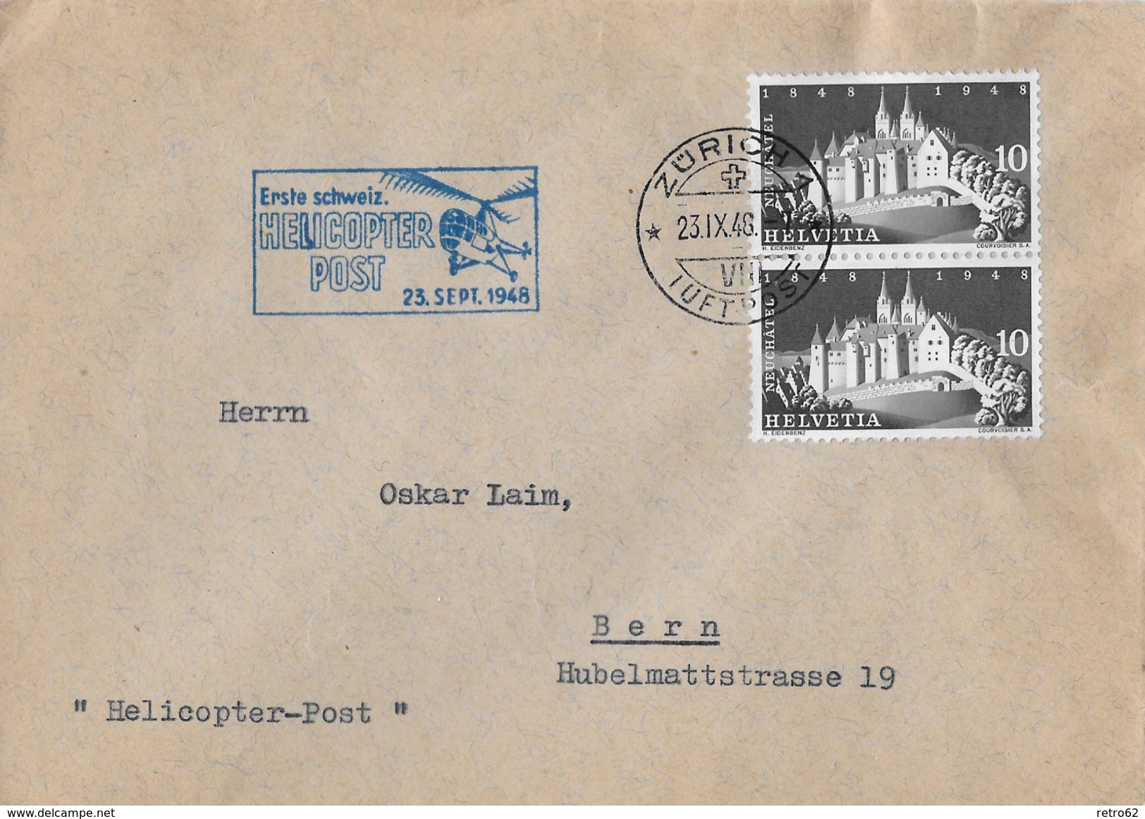 1.SCHW.HELICOPTER-POST &rarr; Brief Zürich-Bern 23.Sept.1948   &#x25BA;SBK-282 Im Doppel&#x25C4; - Erst- U. Sonderflugbriefe