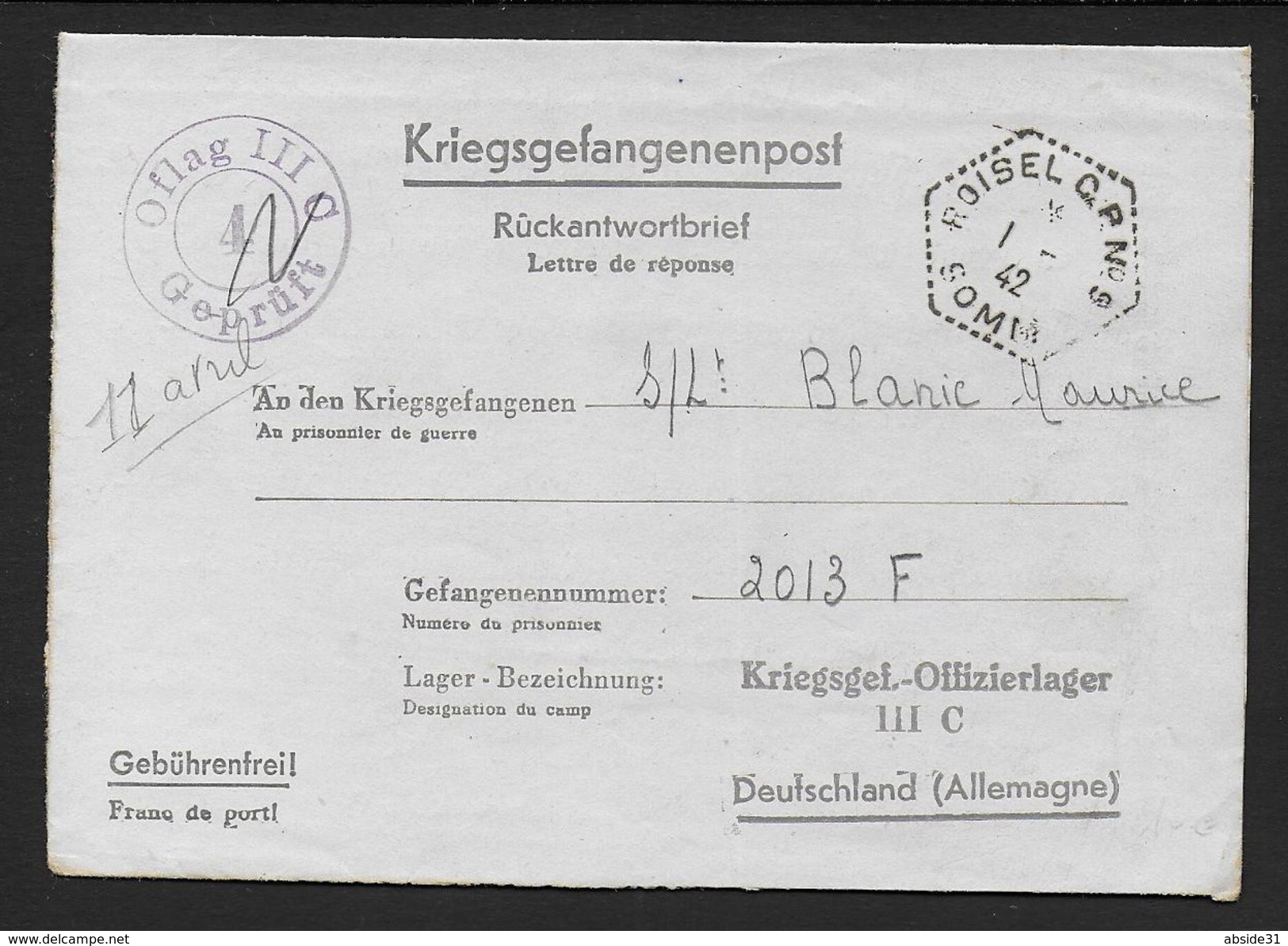 Somme -  Cachet Hexagonal Pointillé  ROISSEL C.P.N° 9  Sur Lettre En Franchise Pour Prisonnier De Guerre - 1921-1960: Période Moderne