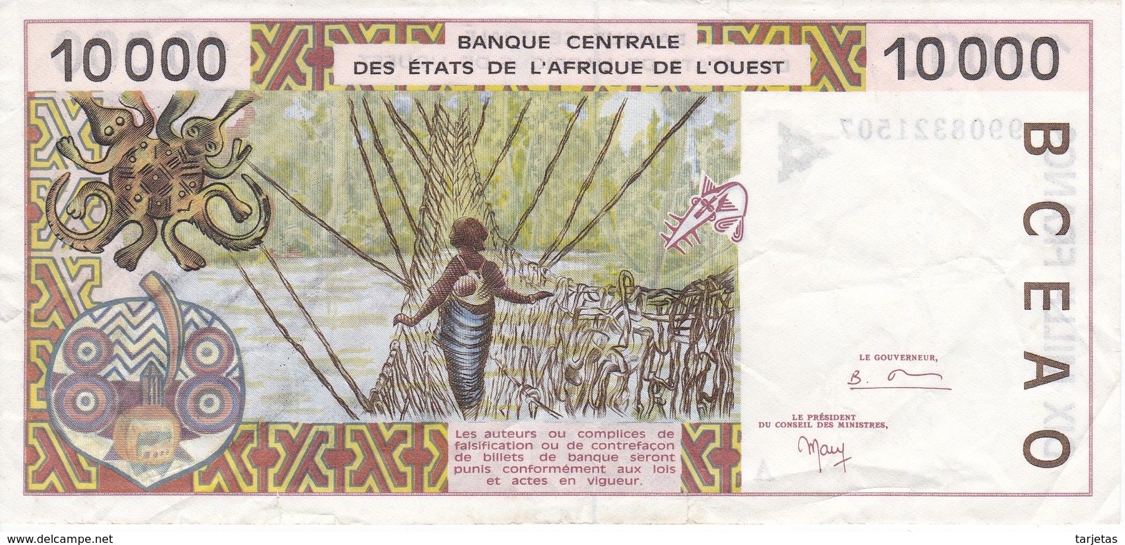 BILLETE DE COSTA DE MARFIL DE 10000 FRANCS DEL AÑO 1999 CALIDAD MBC (VF) (BANKNOTE) - Côte D'Ivoire