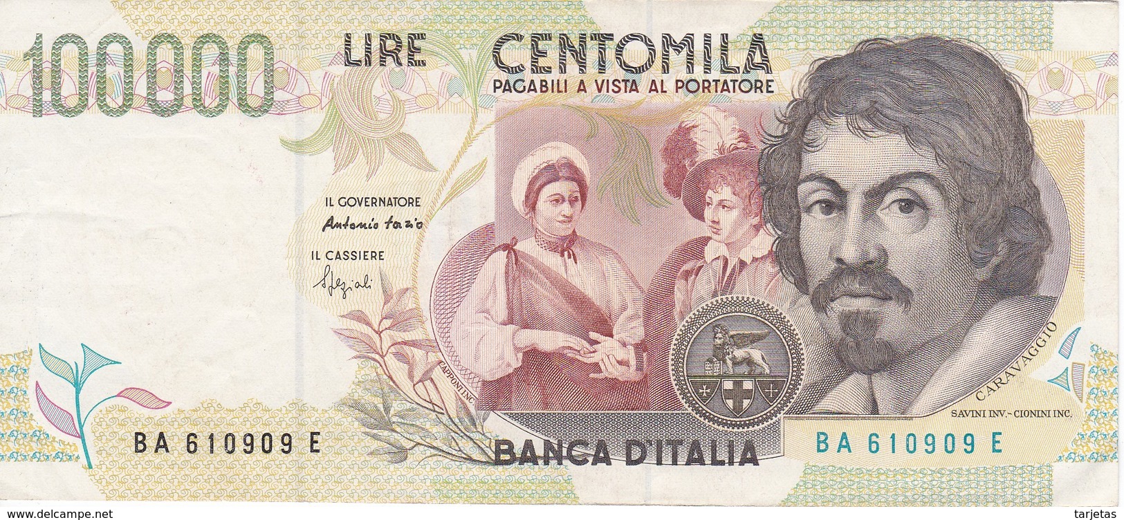 BILLETE DE ITALIA DE 100000 LIRAS DEL AÑO 1994 SERIE BA DE CARAVAGGIO (BANKNOTE-BANK NOTE) - 100000 Liras