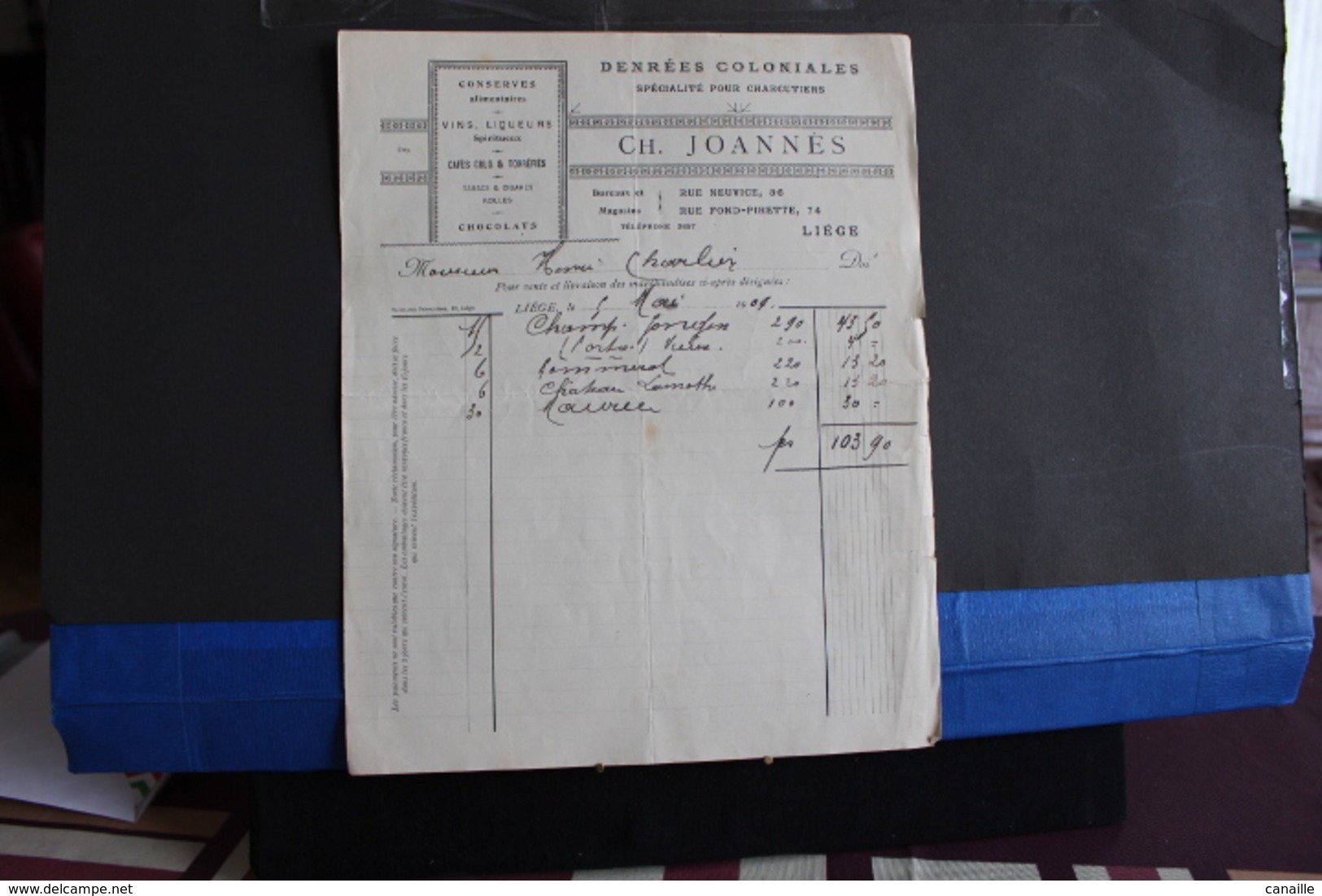 Fac-150 / Denrées Coloniales,Spécialité Pour Charcutiers - Charles Joannès, Rue Fond-Pirette, 74, Liège, Le 13 Mars 1909 - Alimentaire