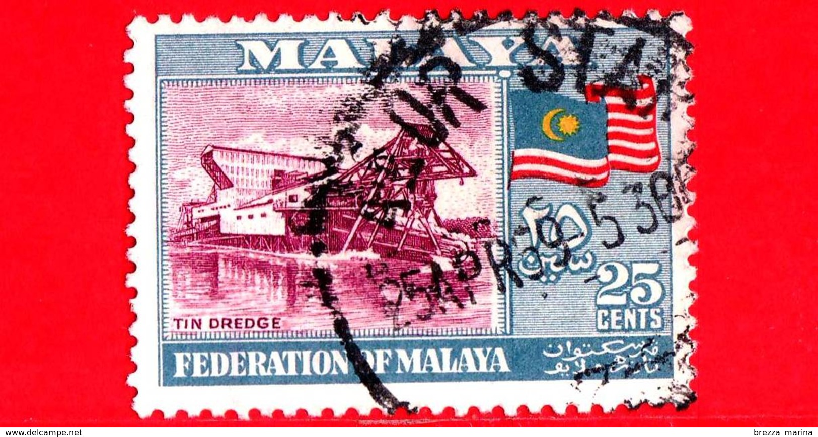 MALESIA - Malaya - Federation - Usato - 1957 - Ponte - Bandiera - Tin Dredge And Flag - 25 - Federation Of Malaya