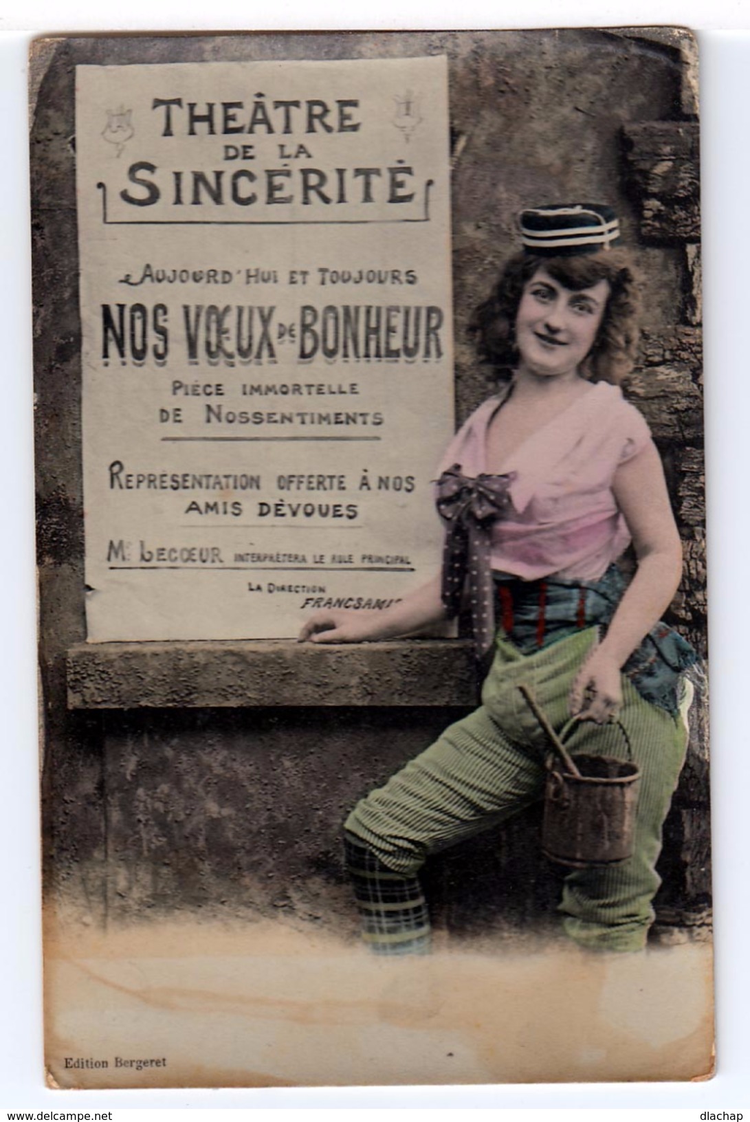 Carte Humoristique Avec Femme Et Affiche Avec Voeux De Bonheur. (1205) - Autres & Non Classés