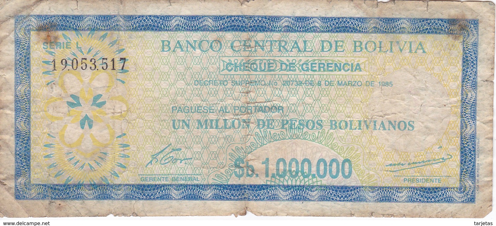 BILLETE DE BOLIVIA DE 1000000 PESOS BOLIVIANOS  DEL AÑO 1985 - Bolivien