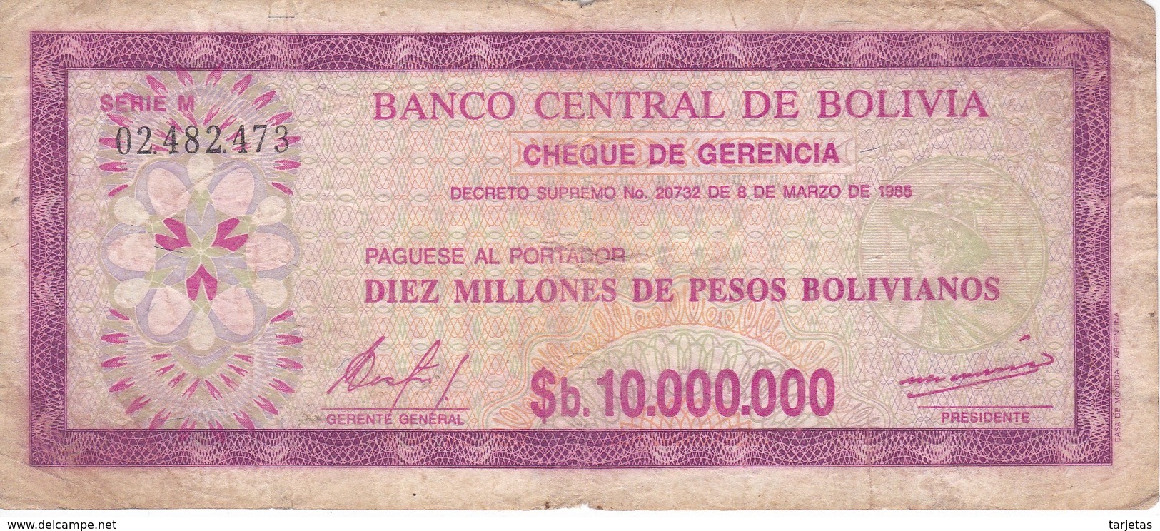 BILLETE DE BOLIVIA DE 10000000 PESOS BOLIVIANOS  DEL AÑO 1985 - Bolivia
