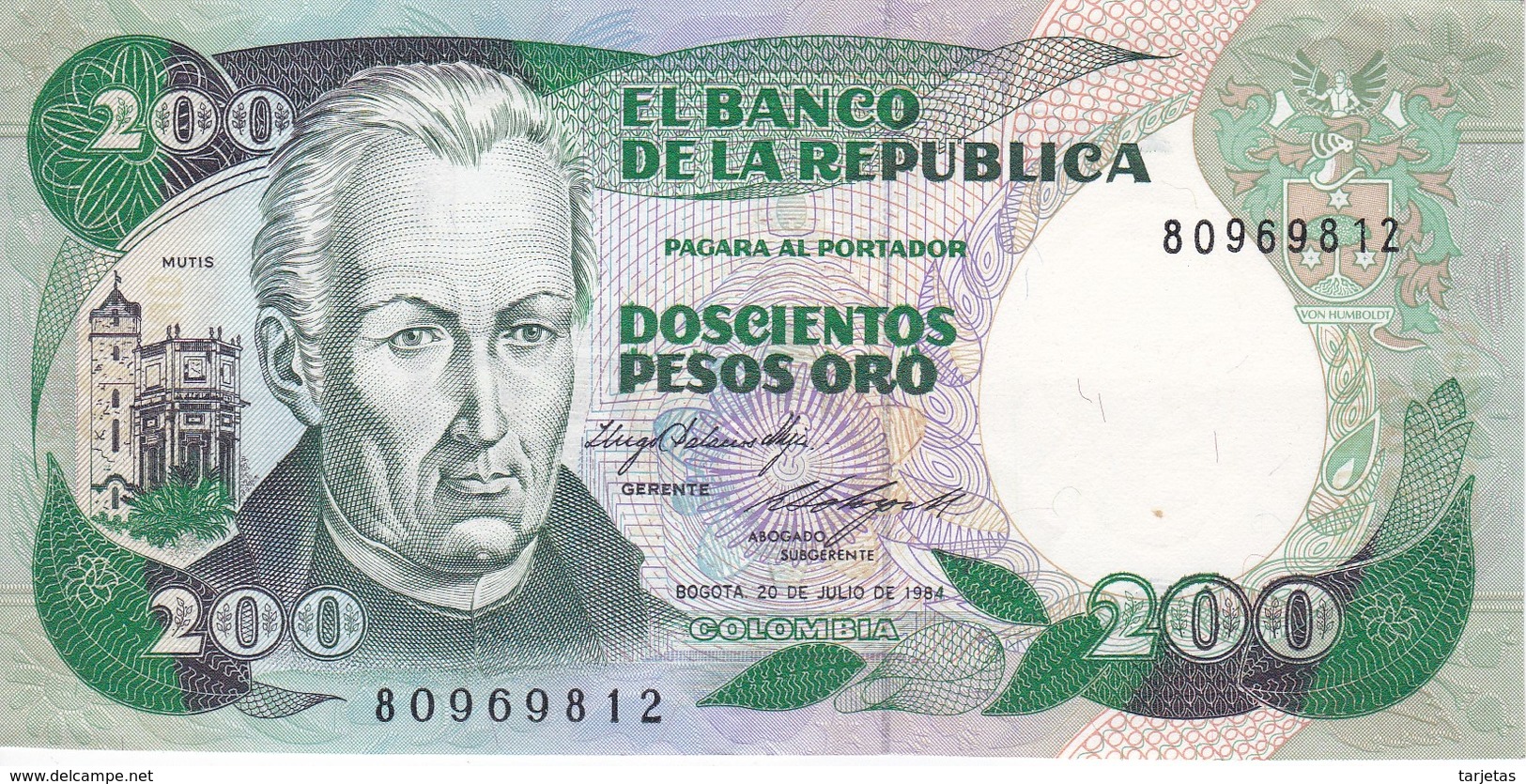 BILLETE DE COLOMBIA DE 200 PESOS DE ORO DEL AÑO 1984 CALIDAD EBC (XF)  (BANK NOTE) - Colombia