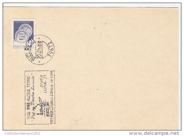 55844- LUNA-21 MOON PROBE, SPACE, COSMOS, SPECIAL POSTMARK ON LIBERTY PARK POSTCARD STATIONERY, 1988, ROMANIA - Europa