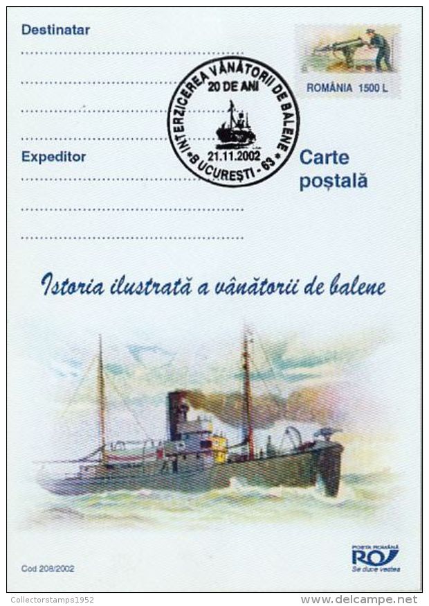 55863- SHIP, WHALE HUNTING HISTORY, POSTCARD STATIONERY, 2002, ROMANIA - Wale