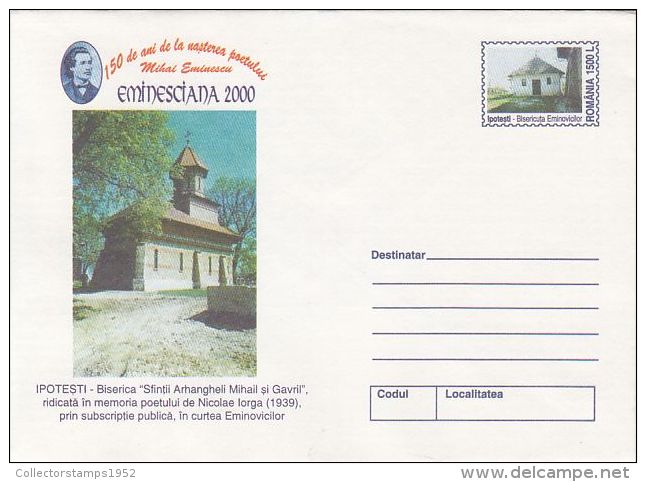 55879- IPOTESTI MICHAEL AND GABRIEL ARCHANGELS CHURCH, ARCHITECTURE, COVER STATIONERY, 1999, ROMANIA - Kirchen U. Kathedralen