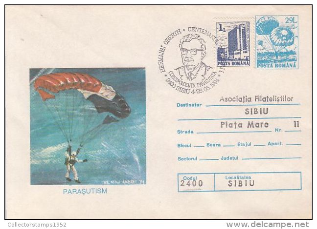 55908- PARACHUTTING, COVER STATIONERY, HERMANN OBERTH SPECIAL POSTMARK, 1994, ROMANIA - Fallschirmspringen