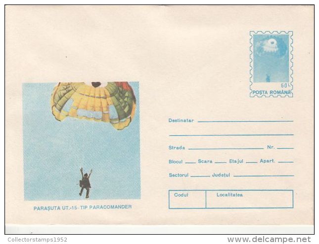 55916- U.T. 15 PARACOMANDER PARACHUTE, PARACHUTTING, COVER STATIONERY, 1994, ROMANIA - Fallschirmspringen