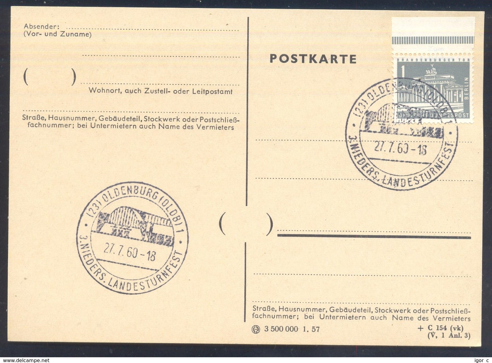Germany Deustschland 1960 Card; Gymnastics Gymnastique Turnen; 3. Niedrs. Landes Turnfest Oldenburg - Gymnastics