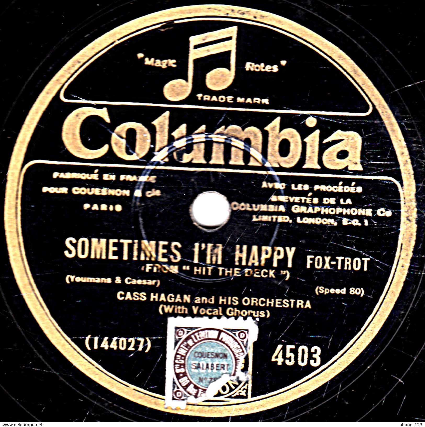 78 T. 25 Cm - état B - CASS HAGAN  Fox-trot - HALLELUJAH ! - SOMETIMES I'M HAPPY - 78 T - Disques Pour Gramophone