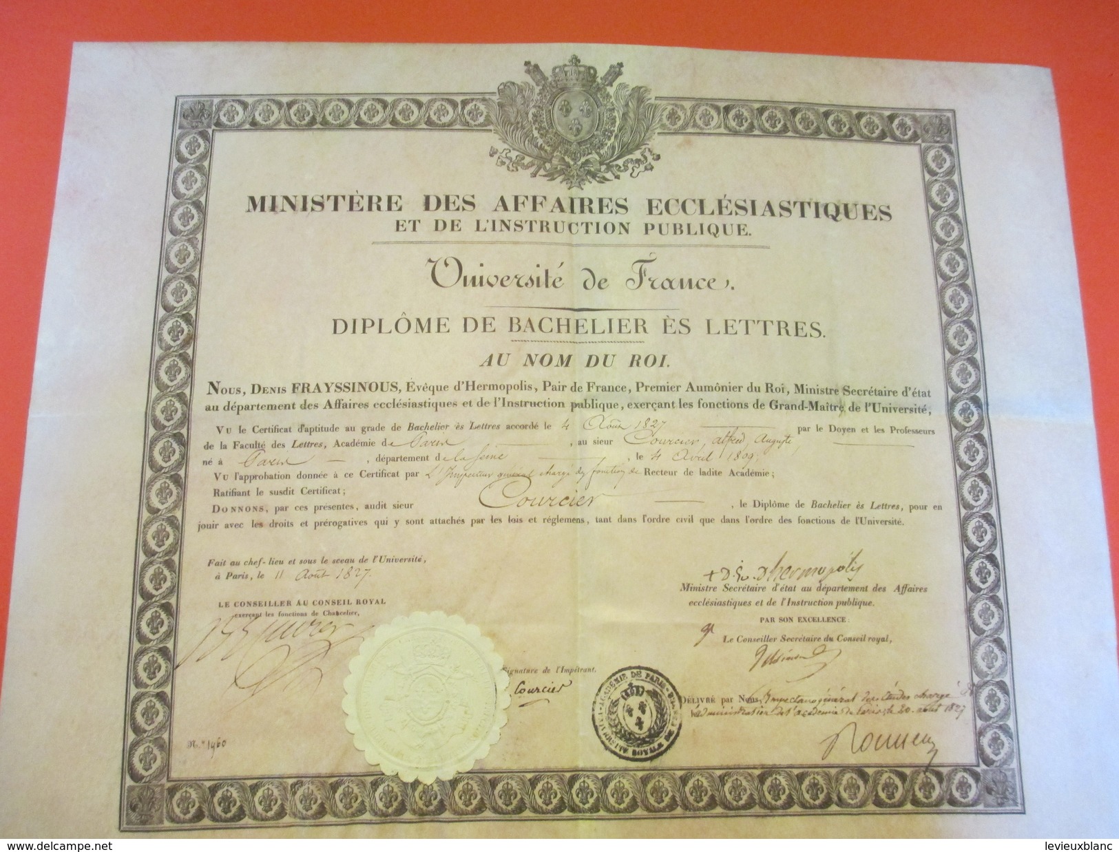 Diplôme / Bachelier Es Lettres/Univer De France / Ministre Des Affaires Ecclésiastiques/COURCIERCharles X/1827    DIP170 - Diplômes & Bulletins Scolaires