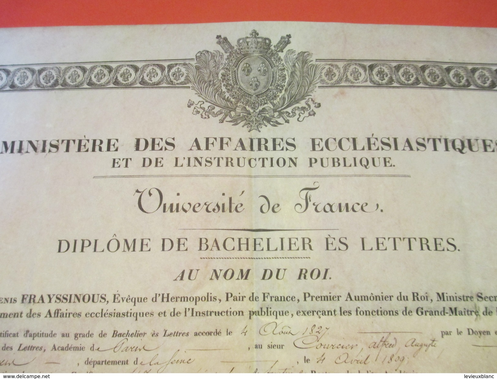 Diplôme / Bachelier Es Lettres/Univer De France / Ministre Des Affaires Ecclésiastiques/COURCIERCharles X/1827    DIP170 - Diploma & School Reports
