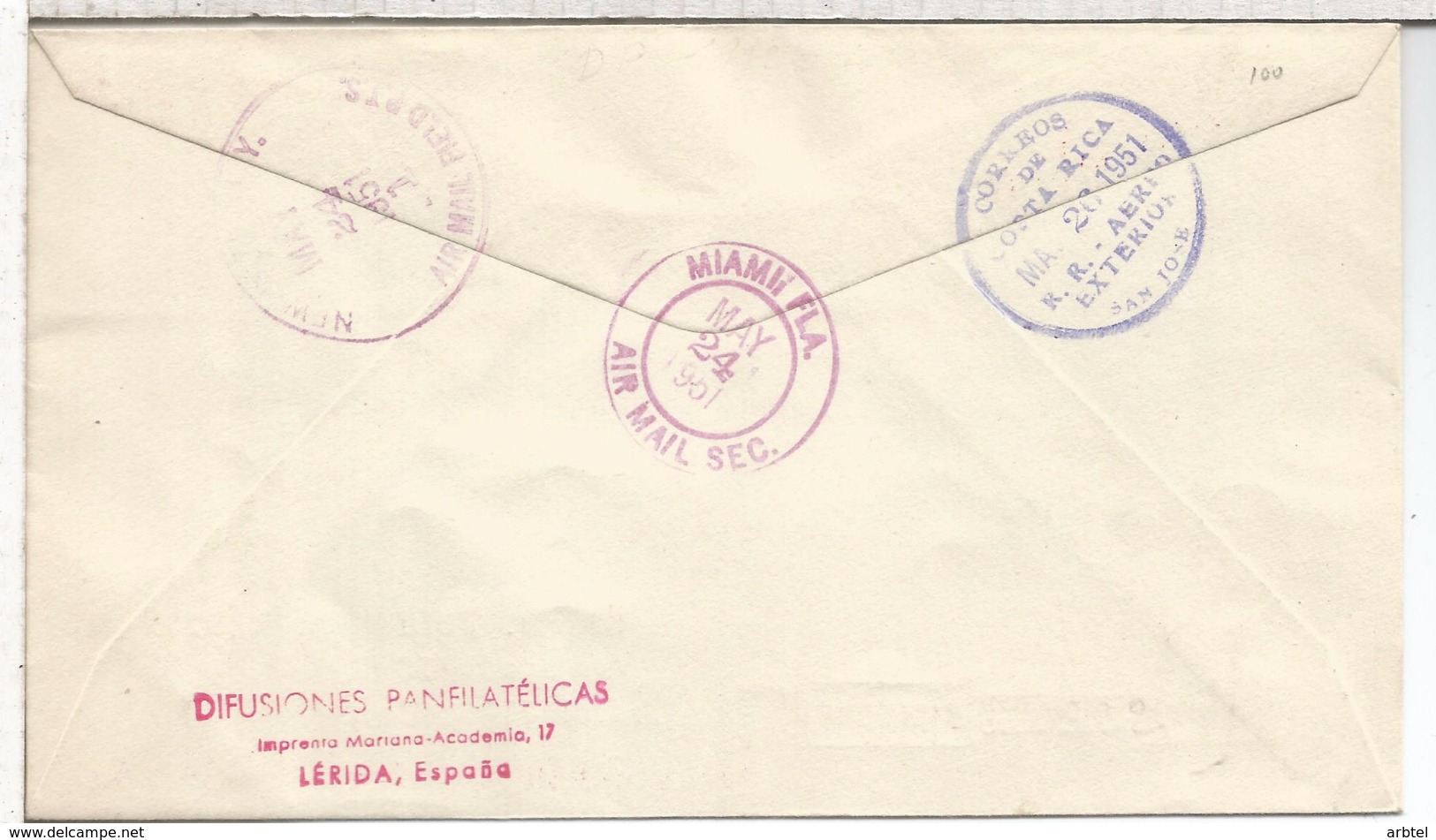 BARCELONA 1951 CC CORREO AEREO ESPECIAL A COSTA RICA COLON ISABEL LA CATOLICA AL DORSO TRANSITO USA Y LLEGADA SAN JOSE - Christoffel Columbus