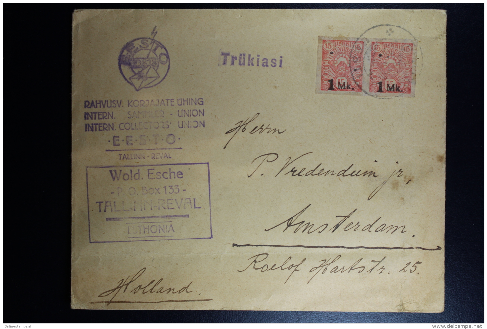 Estland Eesti CoverTallinn ToAmsyerdam Pair  1 Mk. Stamps  Intern. Sammler Union  1921 - Estland