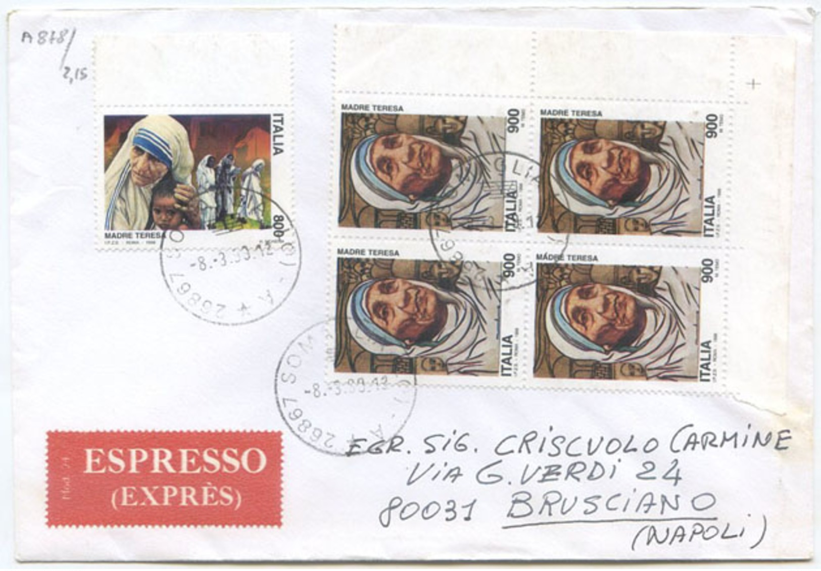 1998 MADRE TERESA L. 800 + 900 QUARTINA A.F. BUSTA ESPRESSO 8.9.98 TIMBRO ARRIVO E OTTIMA QUALITÀ (A878) - 1991-00: Storia Postale