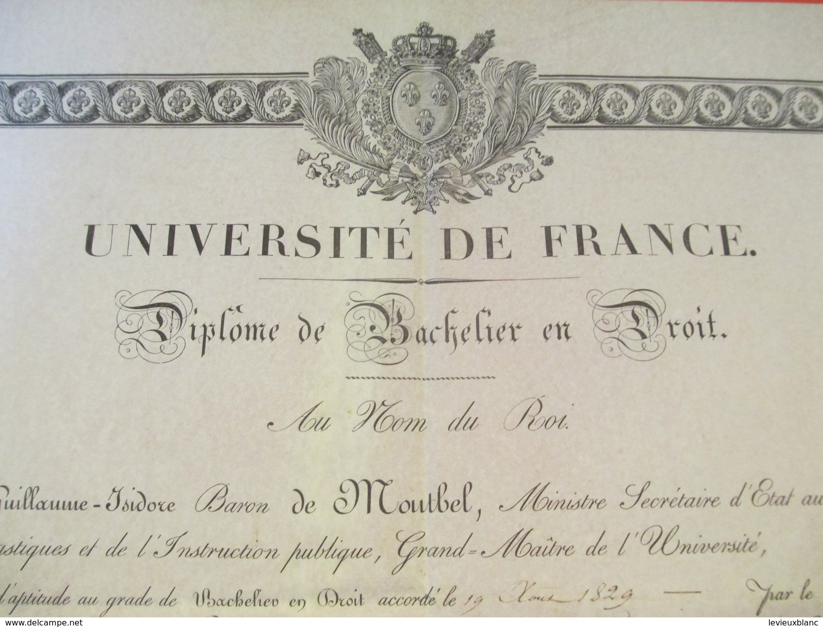 Diplôme / Bachelier En Droit/Univ. De France / Ministre Des Affaires Ecclésiastiques/COURCIER/Charles X/1829    DIP171 - Diplômes & Bulletins Scolaires