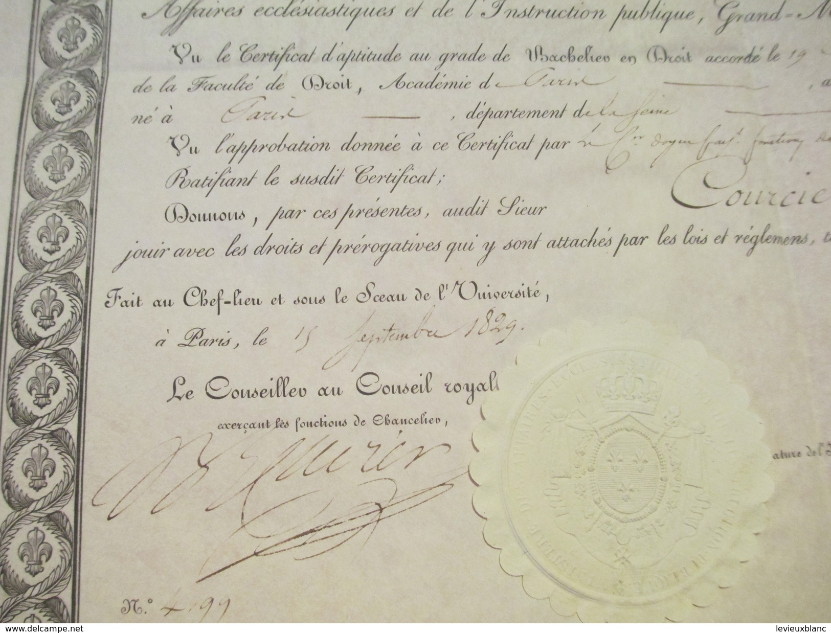 Diplôme / Bachelier En Droit/Univ. De France / Ministre Des Affaires Ecclésiastiques/COURCIER/Charles X/1829    DIP171 - Diploma & School Reports