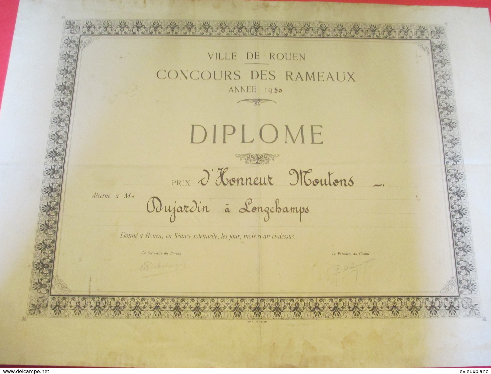 Diplôme / Agriculture/ROUEN/Concours Des Rameaux/Prix D'Honneur Moutons/DUJARDIN/Longchamps/1950   DIP172 - Diploma & School Reports